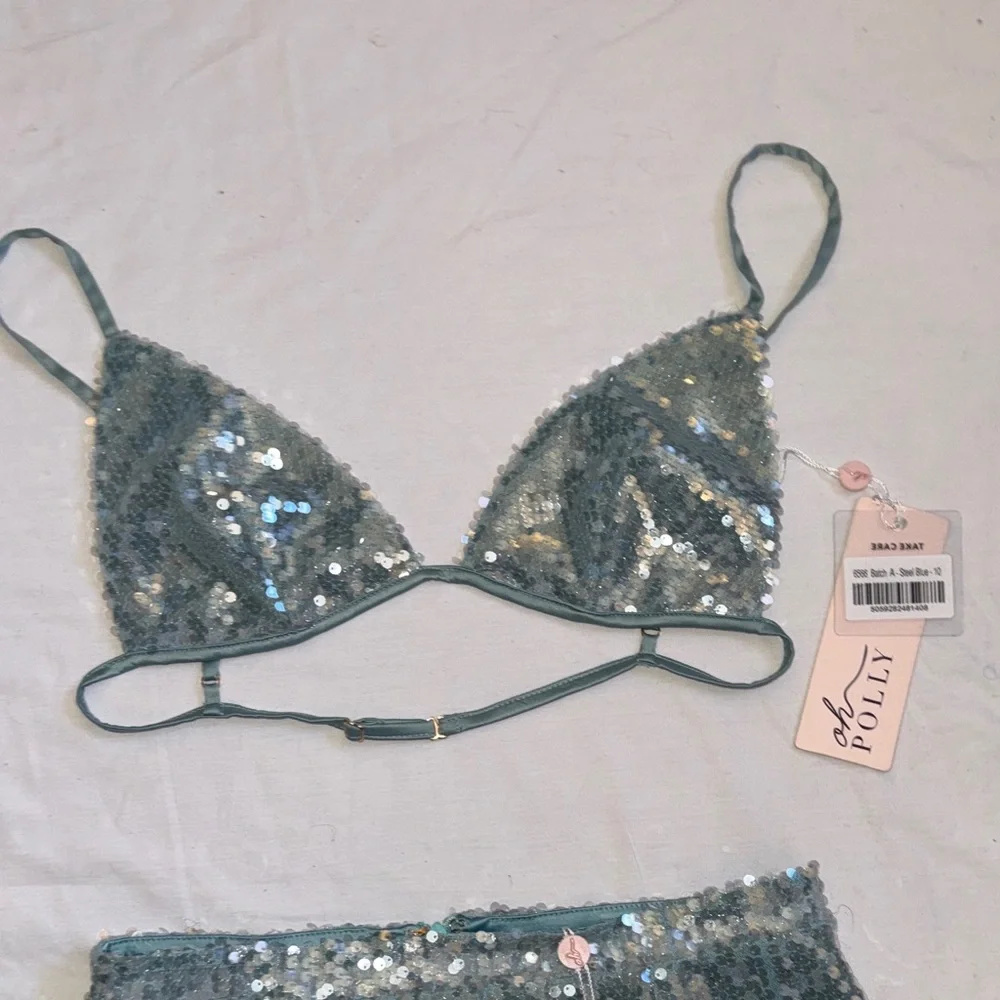 Oh Polly teal blue Sequin Bralette and Skirt Set - Picture 4 of 10